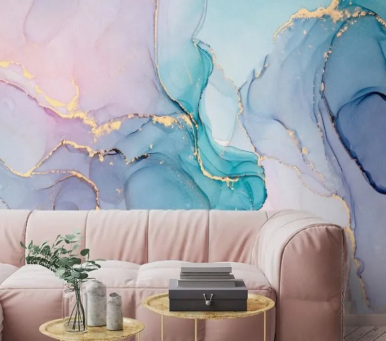 Abstract Pink Purple Blue Faux Gold Wallpaper Mural