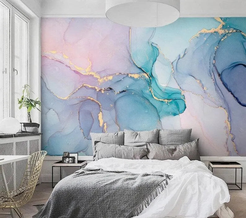 Abstract Pink Purple Blue Faux Gold Wallpaper Mural