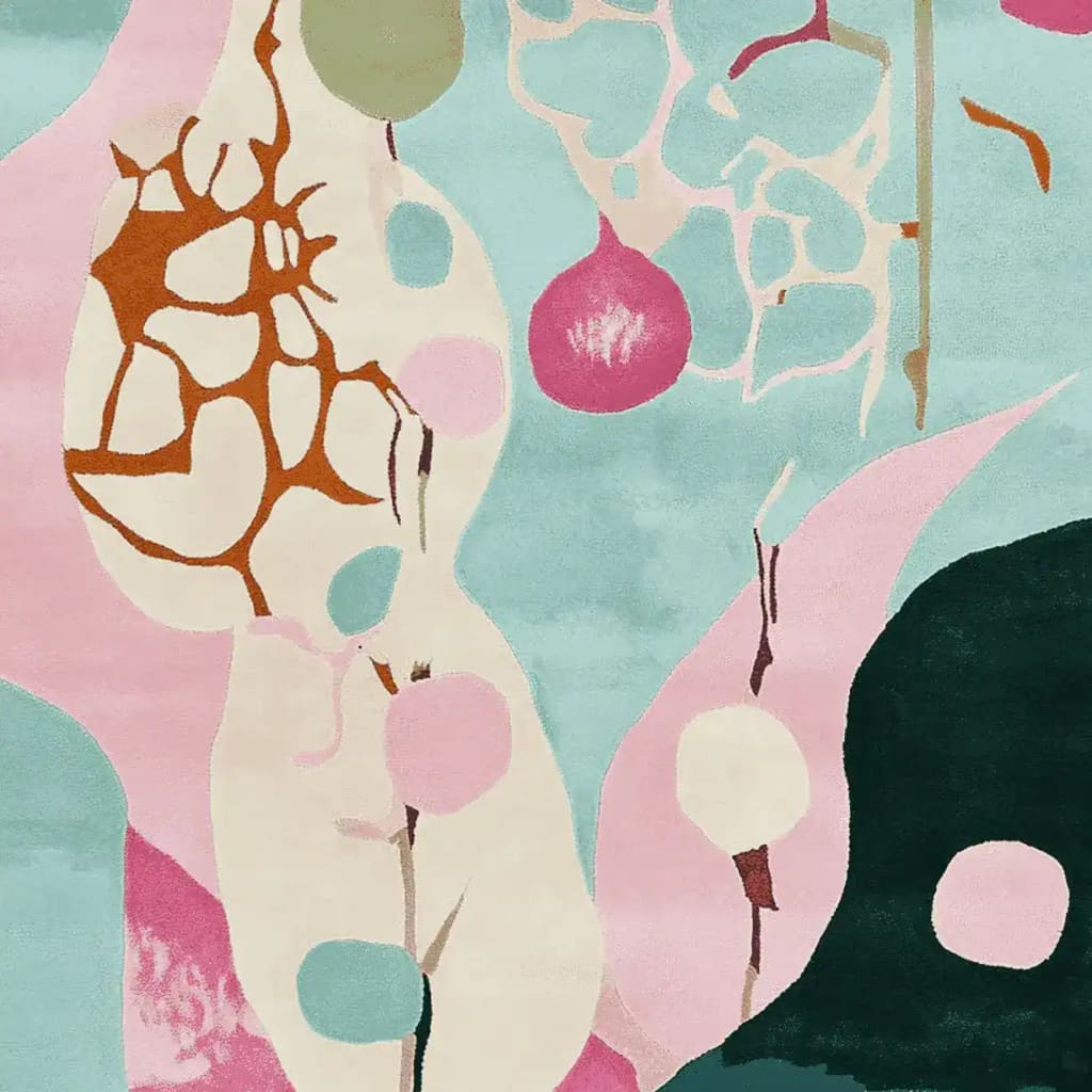 This vibrant, abstract plant pulse hand-tufted area rug features a contemporary design with a mix of pastel colors like pink, teal, and cream, accented by bold orange lines. Perfect for adding a modern touch to your living room, this wool rug combines style and comfort.