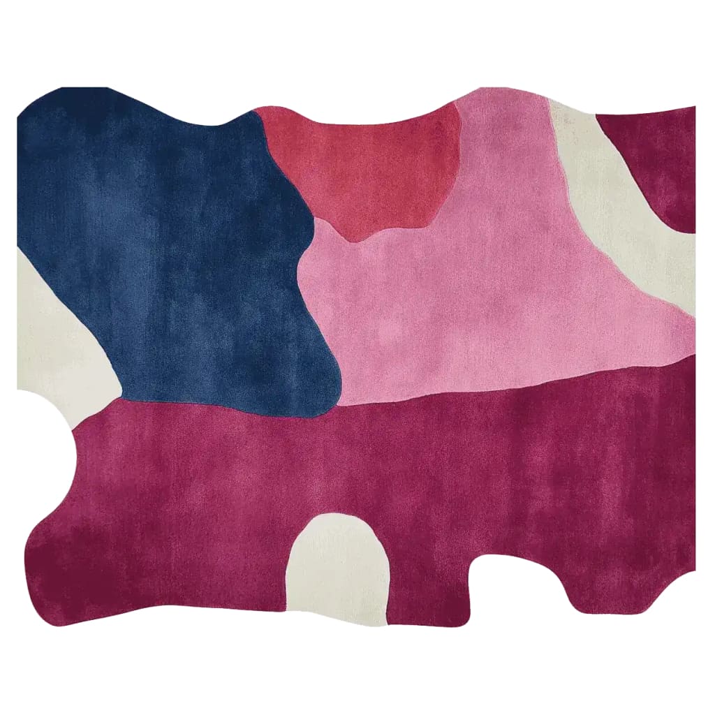 Top view of an abstract shape collision hand-tufted area rug, showcasing vibrant colors like deep blue, red, pink, and white. Perfect for adding a contemporary touch to your living room, this wool rug combines modern design with functionality, making it an ideal choice for those seeking area rugs for living room that stand out.