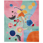 Vibrant Abstract Shape Mirage Hand Tufted Area Rug featuring a colorful array of shapes and patterns in pink, blue, yellow, and orange. Perfect for adding a touch of contemporary style to large living rooms. Made from high-quality wool, this rug is a stunning centerpiece for any space, ideal for those seeking unique living room area rugs.