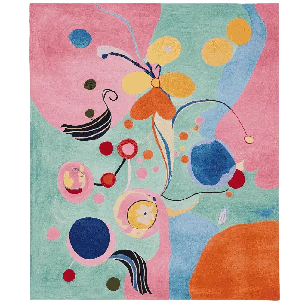 Vibrant Abstract Shape Mirage Hand Tufted Area Rug featuring a colorful array of shapes and patterns in pink, blue, yellow, and orange. Perfect for adding a touch of contemporary style to large living rooms. Made from high-quality wool, this rug is a stunning centerpiece for any space, ideal for those seeking unique living room area rugs.