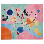 Vibrant abstract shape mirage hand-tufted area rug featuring a playful mix of bold colors and organic patterns. Ideal for enhancing contemporary living room spaces, this large wool rug combines hues of pink, blue, orange, and green, making it a standout piece among living room area rugs.