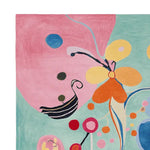 This vibrant abstract shape mirage hand-tufted rug showcases a colorful design with bold pink, blue, and orange hues. Perfect for adding a statement piece to your living space, this contemporary wool rug is ideal for large living room areas, offering both style and comfort.