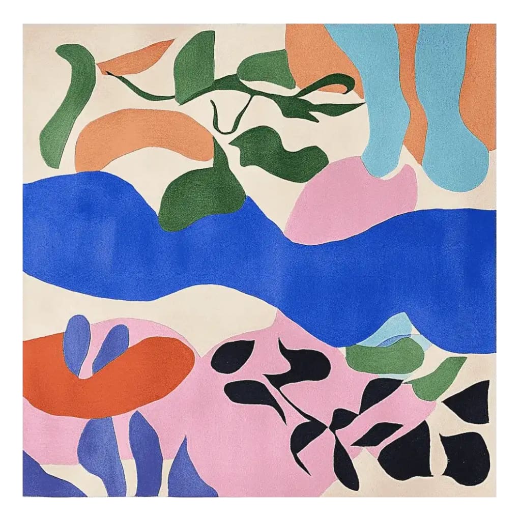 The Abstract Shape Sequence Hand Tufted Rug showcases a vibrant blend of colors and shapes, perfect for adding a contemporary touch to large living room spaces. This area rug, crafted from wool, features a mix of blue, pink, green, and orange abstract designs, making it an ideal choice for those seeking stylish rugs for their living room.