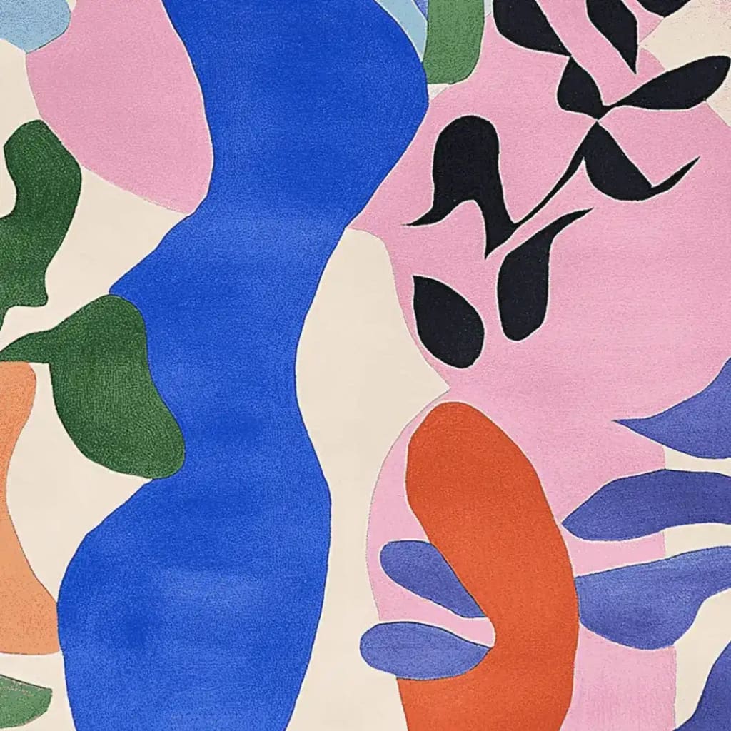 Vibrant abstract shape sequence hand-tufted area rug featuring a mix of bold colors like blue, pink, green, and orange. This contemporary wool rug is perfect for large living room spaces, adding a modern touch to your home decor.