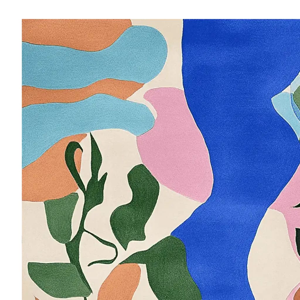 Top view of a vibrant, abstract shape sequence hand-tufted area rug. Perfect for large living room spaces, this contemporary wool rug features a colorful design with shades of blue, pink, green, and orange, ideal for adding a modern touch to any room.