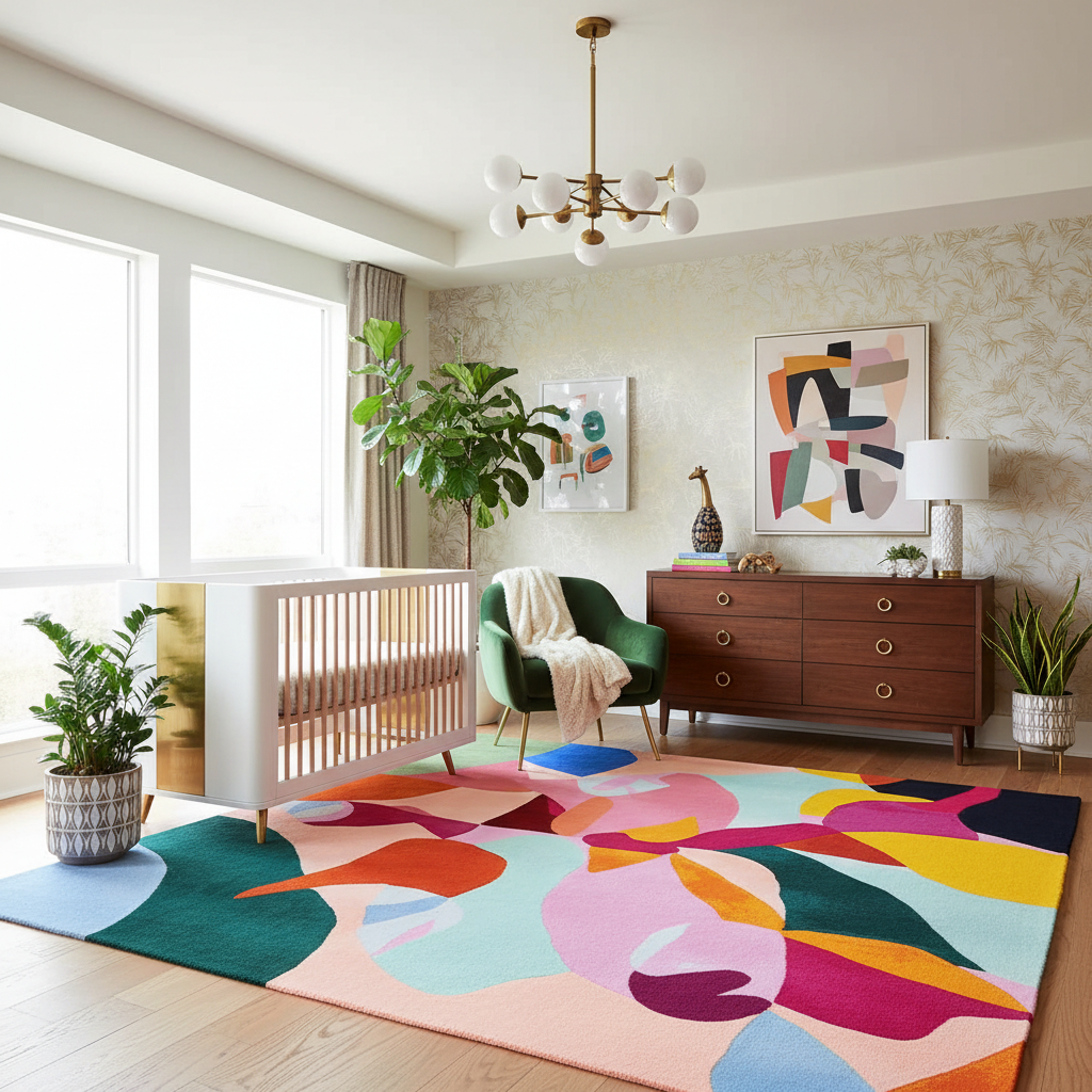 Modern nursery room with a colorful abstract rug, wooden furniture, and decorative plants.