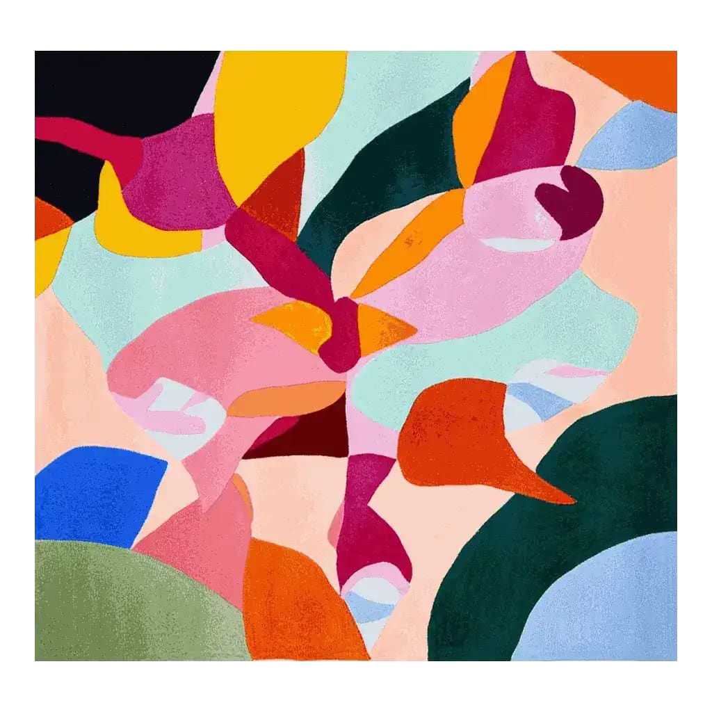 Vibrant and contemporary abstract shape design on a square area rug. Perfect for adding a splash of color to your living room, this hand-tufted wool rug combines bold hues of pink, orange, blue, and green. An ideal choice for those seeking unique and stylish area rugs for living room spaces.