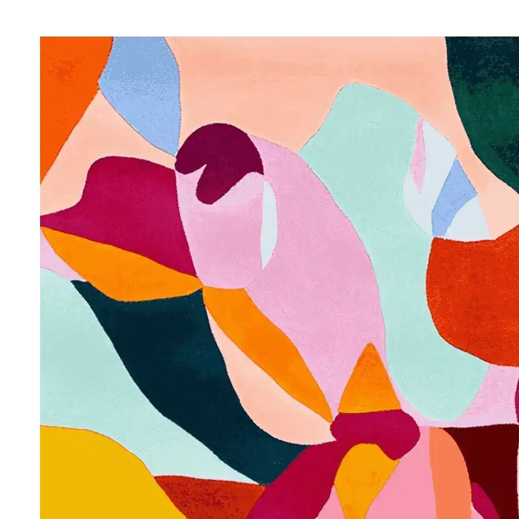 Vibrant abstract shape theory hand tufted area rug in a square design, ideal for contemporary living room settings. The wool rug features a colorful mix of pink, orange, blue, and green, making it a standout piece among area rugs for the living room. Perfect as a square area rug for adding artistic flair.