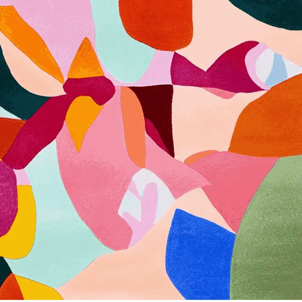 Vibrant abstract hand-tufted area rug featuring bold colors and unique shapes, ideal for contemporary living room decor. This square wool rug adds a modern touch to any space, making it a perfect choice for those seeking stylish area rugs for living room settings.