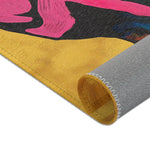 Folded corner of Abstract Silhouette Rug showing white rooster with red comb in pink floral embroidered costume on dark ground, grey non-slip backing