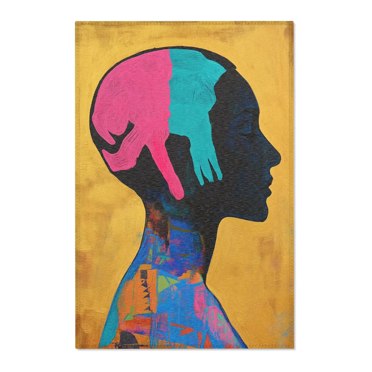 Dark human profile silhouette with bold pink and teal hand shapes inside, colorful abstract mosaic pattern at neck, golden ochre background, Abstract Silhouette Rug front