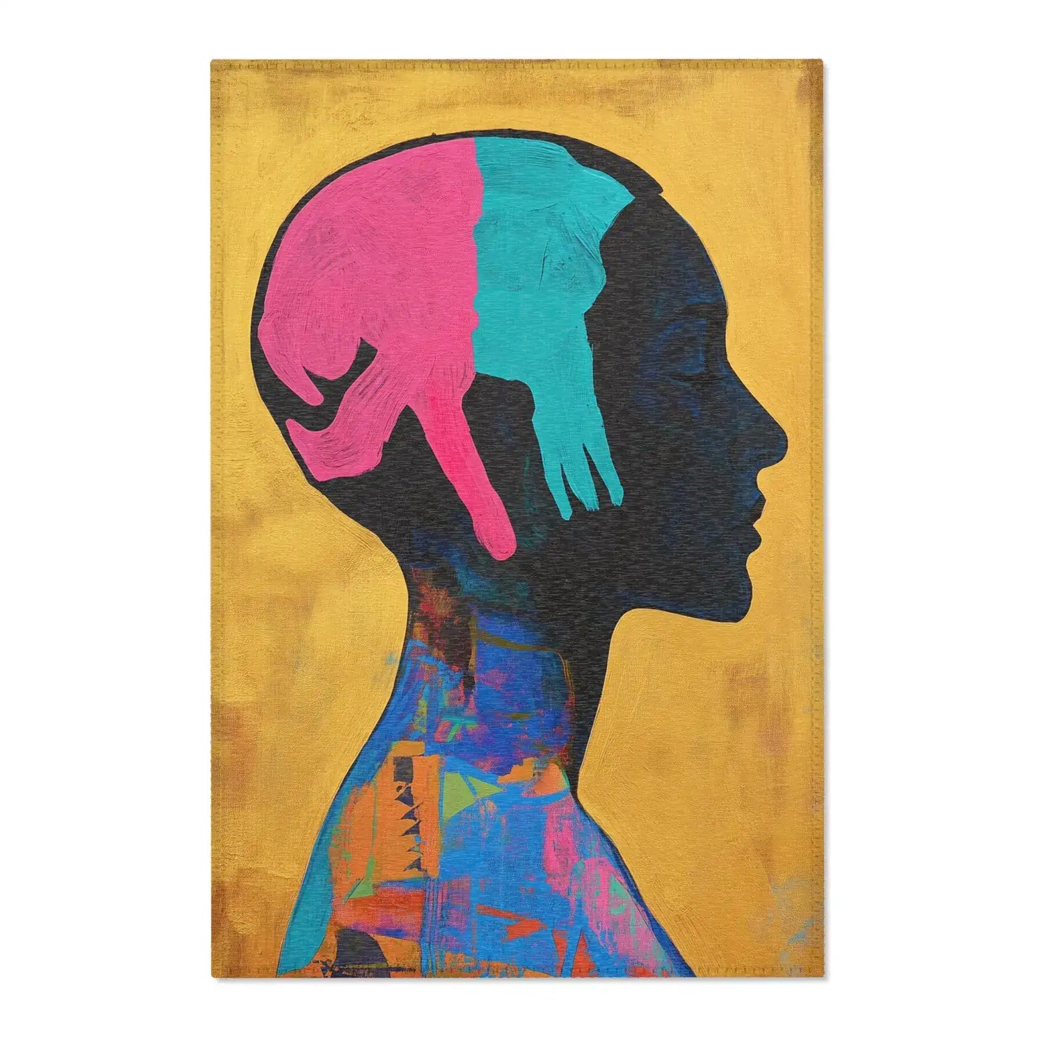 Dark human profile silhouette with bold pink and teal hand shapes inside, colorful abstract mosaic pattern at neck, golden ochre background, Abstract Silhouette Rug front