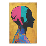Dark human head silhouette rug with pink and teal hand forms, bright abstract patchwork pattern filling the body, golden background, Abstract Silhouette Rug variant