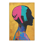 Dark silhouette profile rug with pink and teal hand motifs inside head, colorful geometric patchwork at neck, golden background, white border visible, Abstract Silhouette Rug side