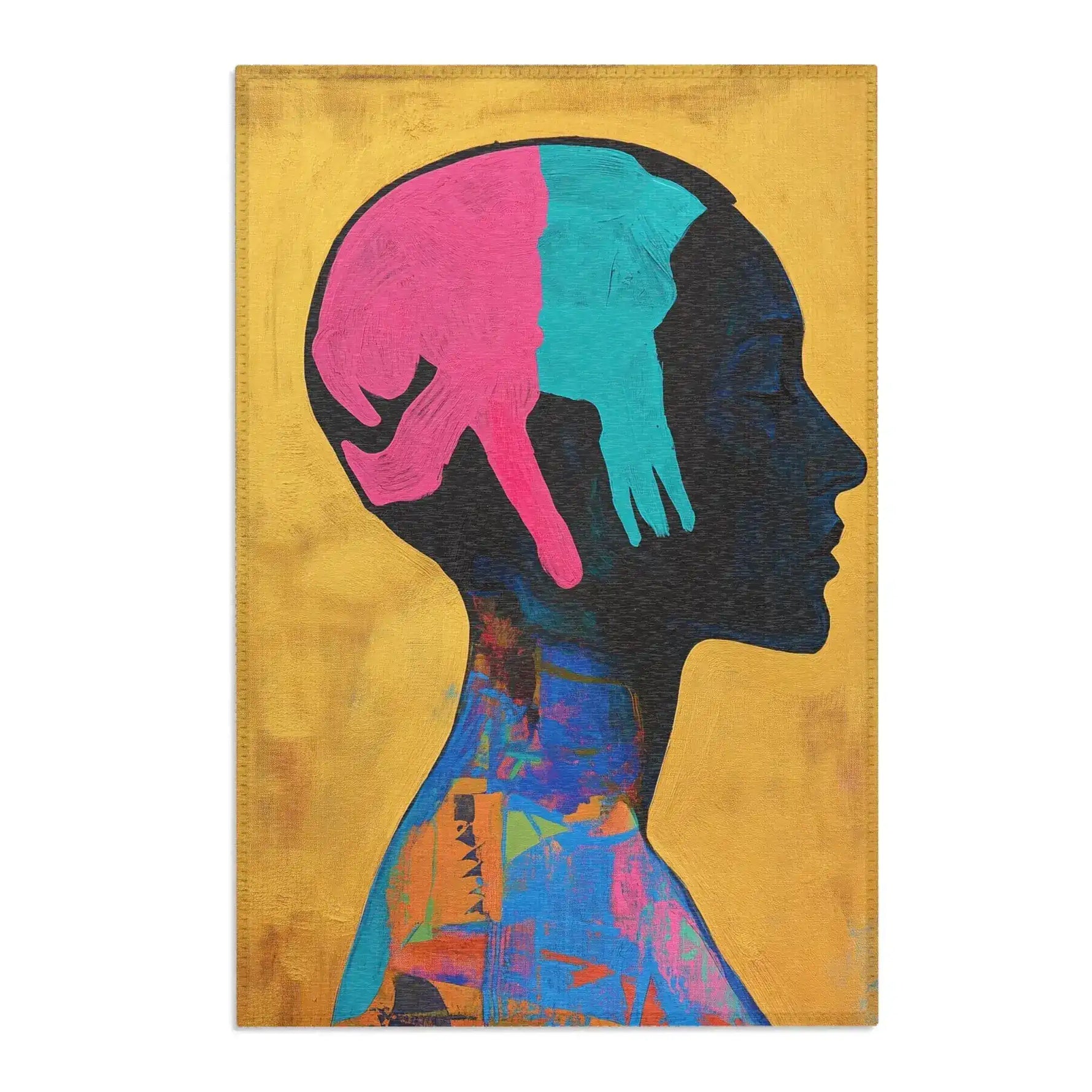 Dark silhouette profile rug with pink and teal hand motifs inside head, colorful geometric patchwork at neck, golden background, white border visible, Abstract Silhouette Rug side