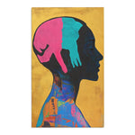 Profile silhouette in dark tone with pink and teal painted hand shapes at head, vivid multicolor abstract body pattern, golden textured background, Abstract Silhouette Rug detail