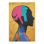 Dark profile silhouette with pink and teal handprint shapes inside the head, multicolor abstract patchwork at shoulder, golden background, Abstract Silhouette Rug upright view