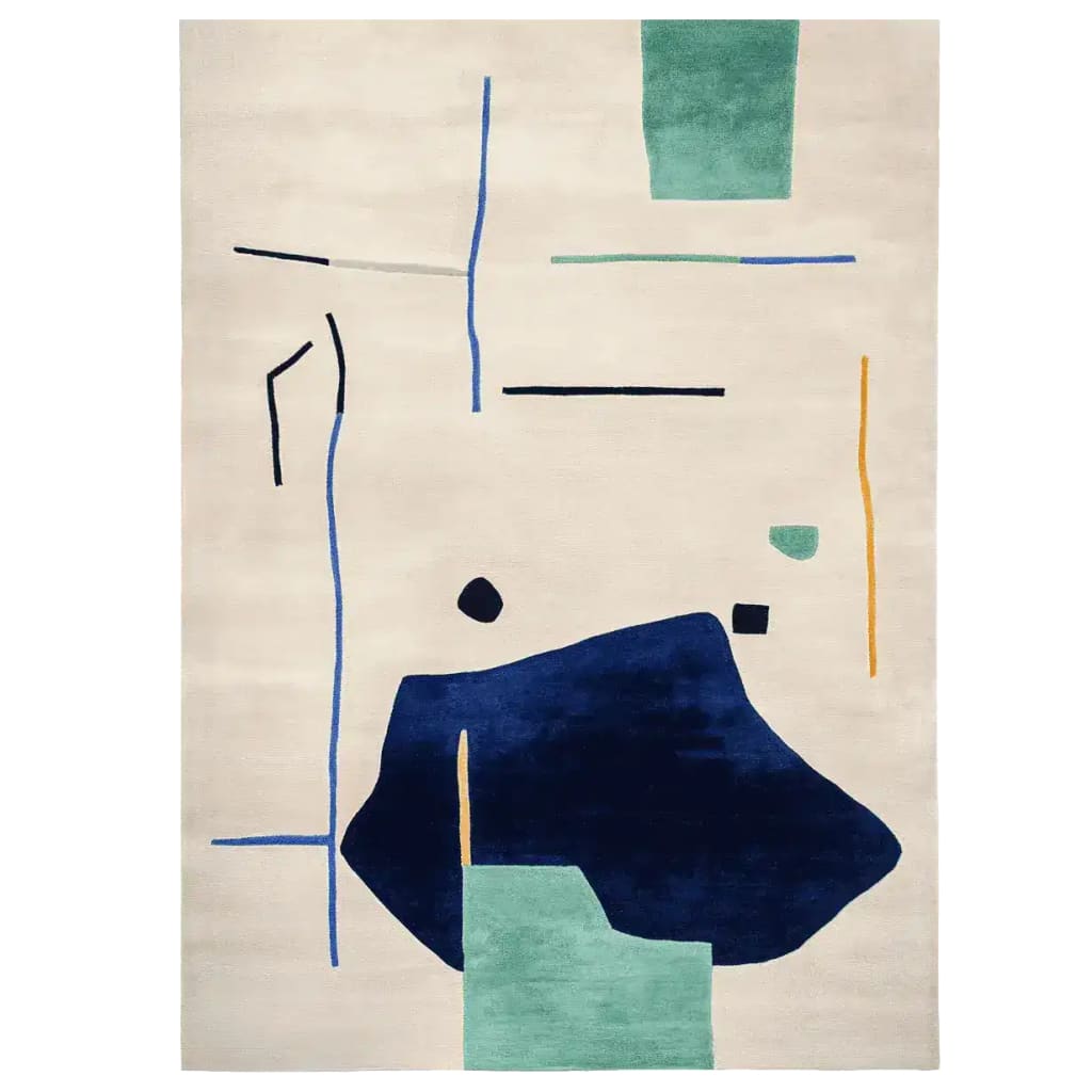 Top view of the Abstract Story Hand Tufted Rug, a striking area rug perfect for large living room spaces. This contemporary wool rug features bold geometric shapes in blue, green, and black on a neutral background, ideal for adding a modern touch to your decor.