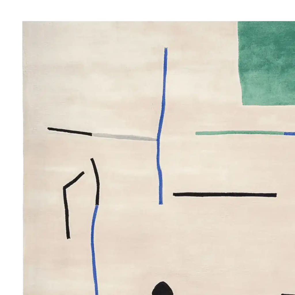 Top view of an Abstract Story Hand Tufted Area Rug, perfect for large living rooms. This contemporary wool rug features a minimalist design with bold lines and a touch of green, ideal for adding modern flair to your living space.