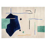 Top view of an Abstract Story Hand Tufted Rug, perfect for large living room spaces. This contemporary area rug features a blend of bold blue and soft green shapes against a cream background, crafted from high-quality wool.