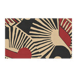 Abstract Sunburst Cotton Kitchen Towel in landscape orientation — bold art-deco sunburst pattern in cream, black, and deep red with geometric shapes