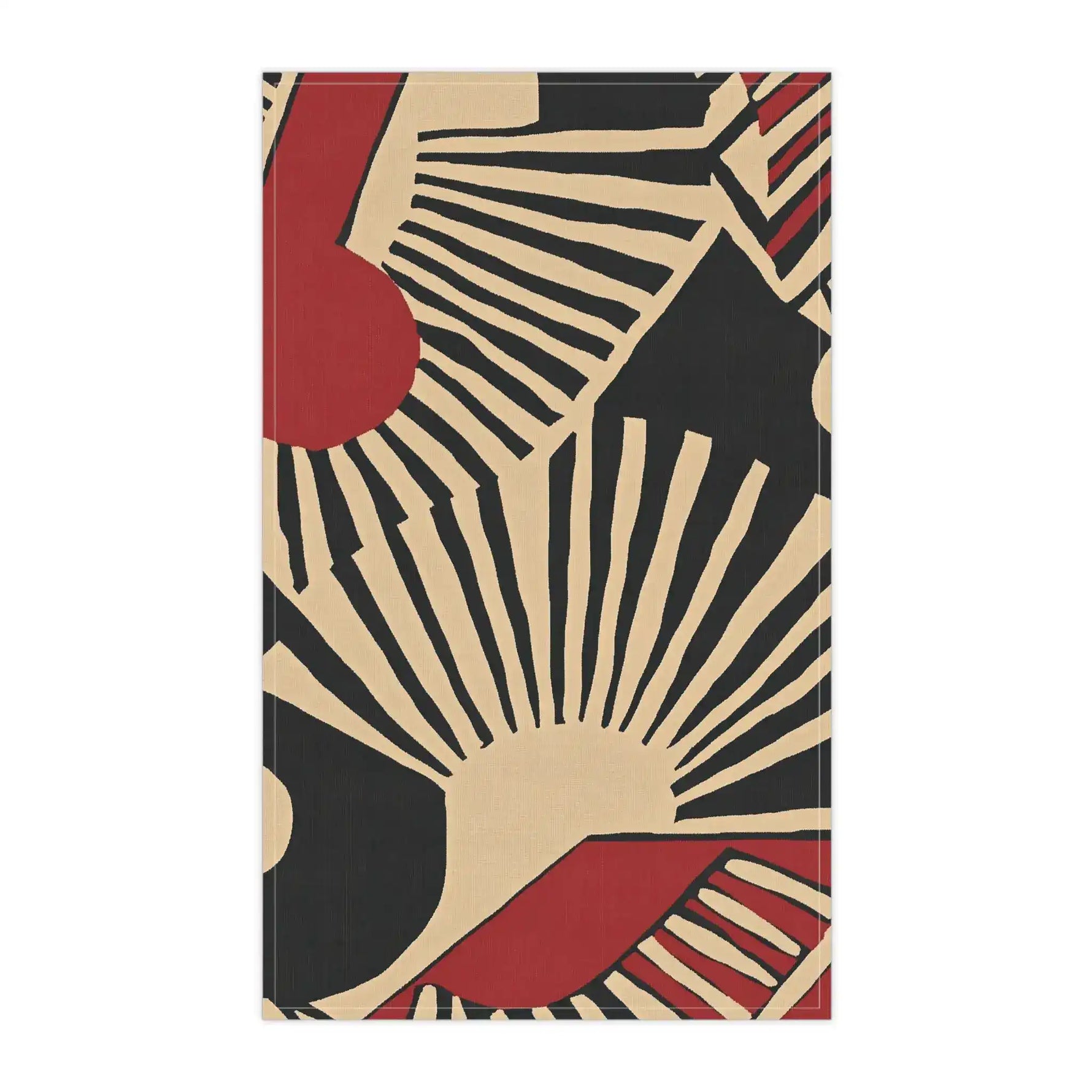 Abstract Sunburst Cotton Kitchen Towel — bold geometric sunburst rays in cream radiating on black background with crimson-red oval shapes, portrait flat lay