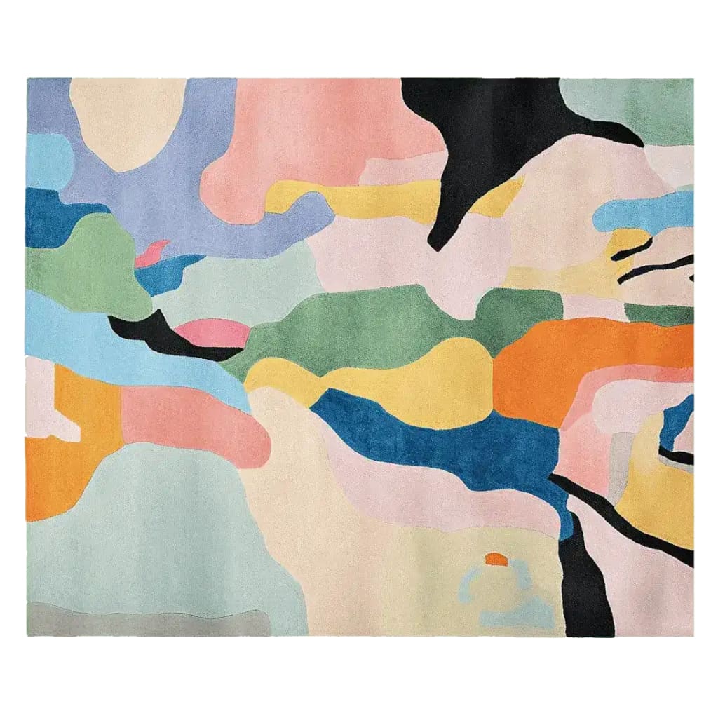 This stunning area rug features a vibrant abstract design with a mix of colorful shapes and flowing patterns, perfect for large living room spaces. Made from high-quality wool, this contemporary rug adds a touch of artistic flair and warmth to any home decor.