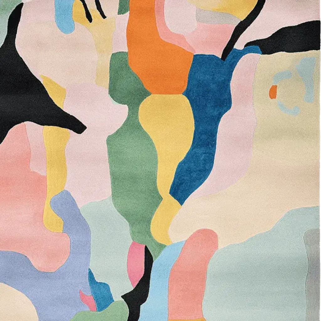 Top view of a vibrant Abstract Terrain Flow Hand Tufted Area Rug, showcasing a mix of bold and soft colors like orange, blue, pink, and green. Perfect for large living rooms, this contemporary wool rug adds a splash of modern artistry to any space.