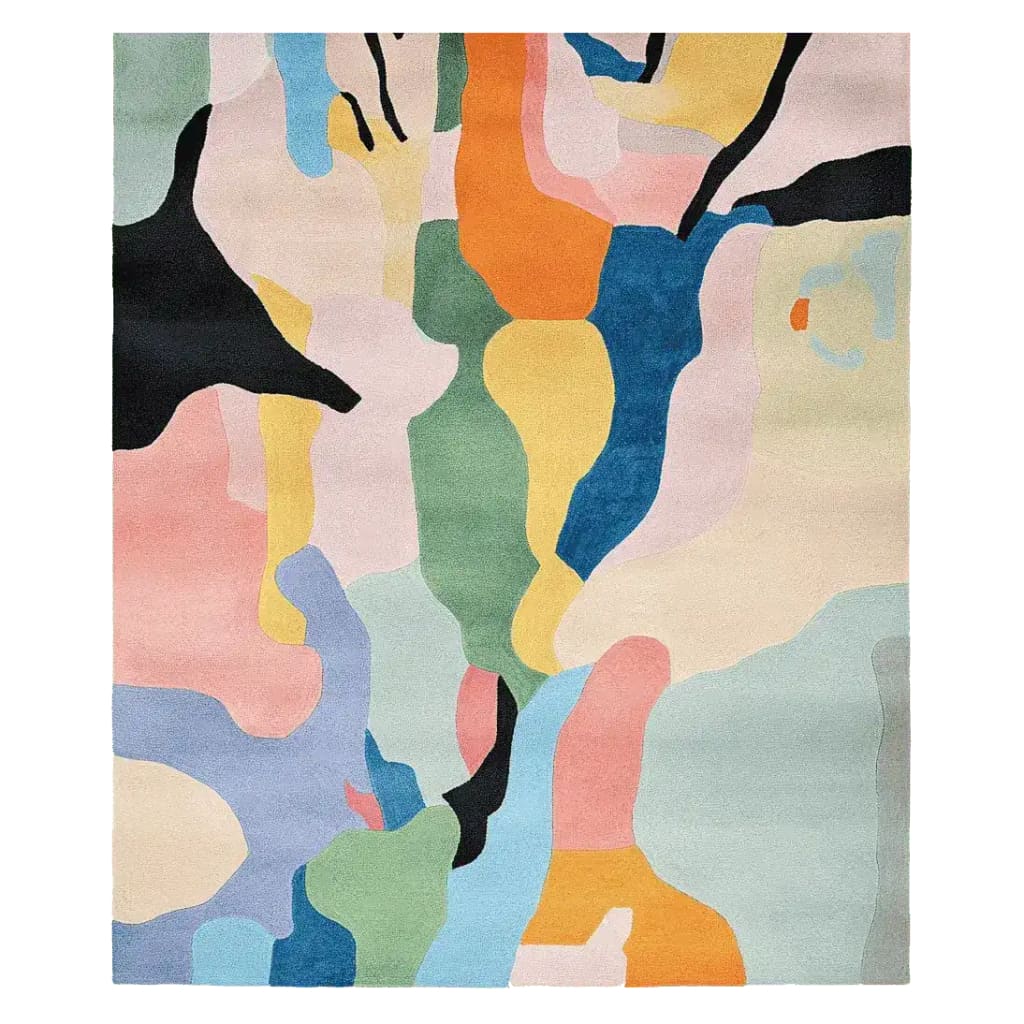 A vibrant Abstract Terrain Flow Hand Tufted Area Rug showcasing a colorful blend of shapes and patterns. This contemporary wool rug is ideal for adding a splash of color to large living room spaces.