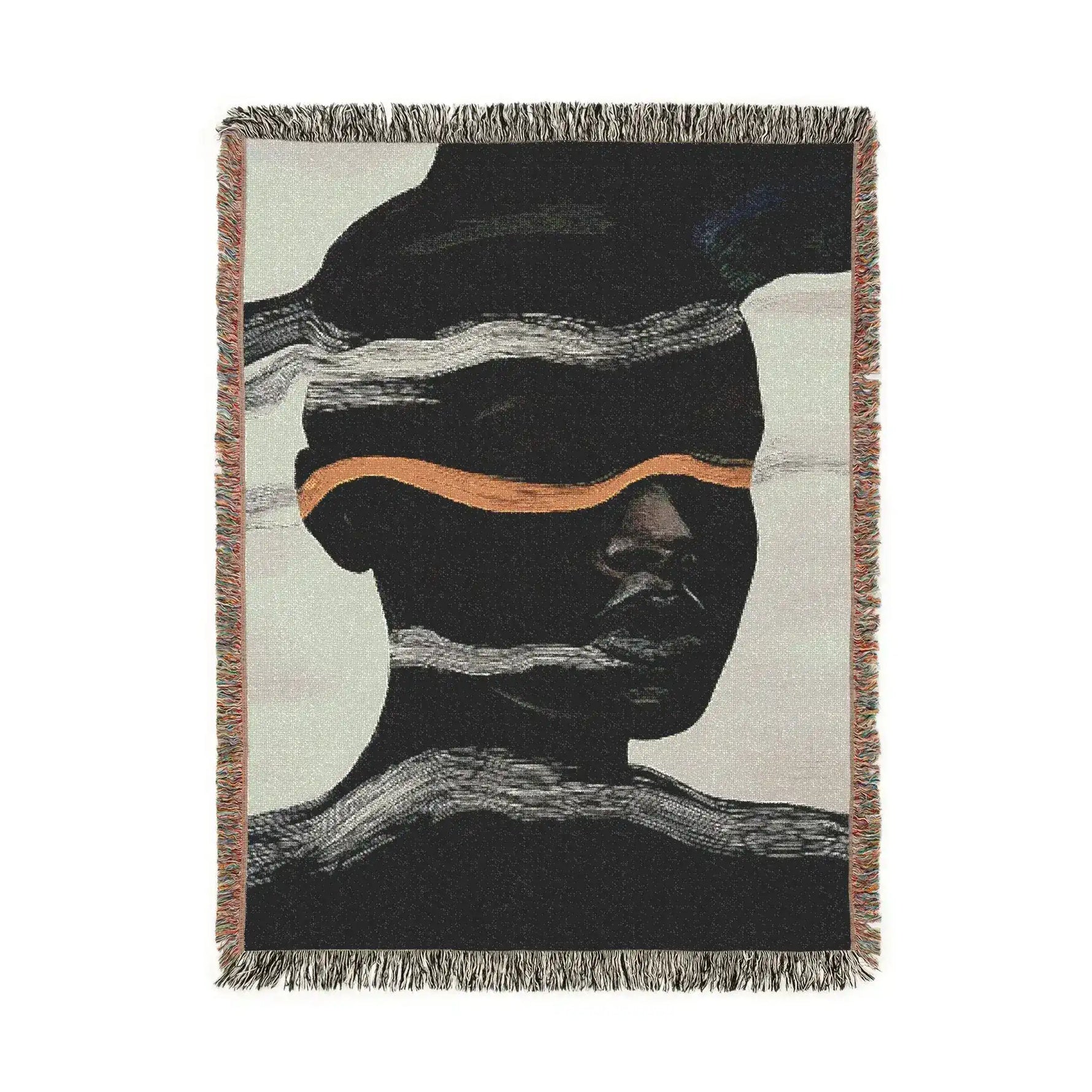 Portrait-cropped woven blanket with dark figure, white static wave bands and copper stripe accent on off-white ground, fringe border