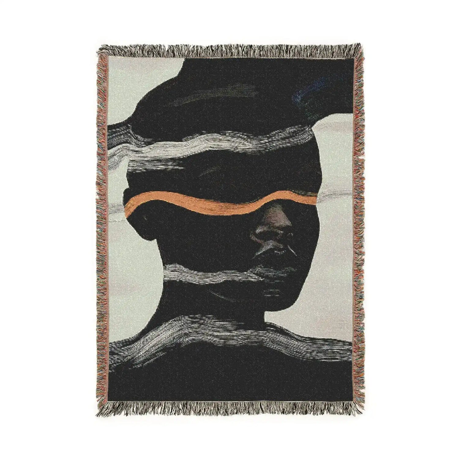 Fringed woven throw blanket with dark silhouetted abstract face, horizontal white wave bands and copper stripe, off-white ground, portrait