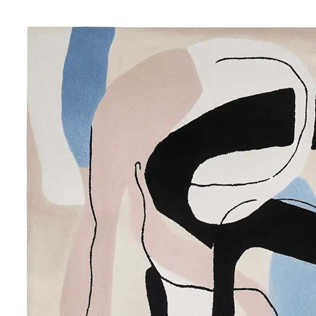 Top view of an abstract design area rug, featuring a blend of black, beige, blue, and white tones. This contemporary rug adds a modern touch to any living room, perfect as an area rug for an 8x10 space. Made from high-quality wool, it's both stylish and durable.