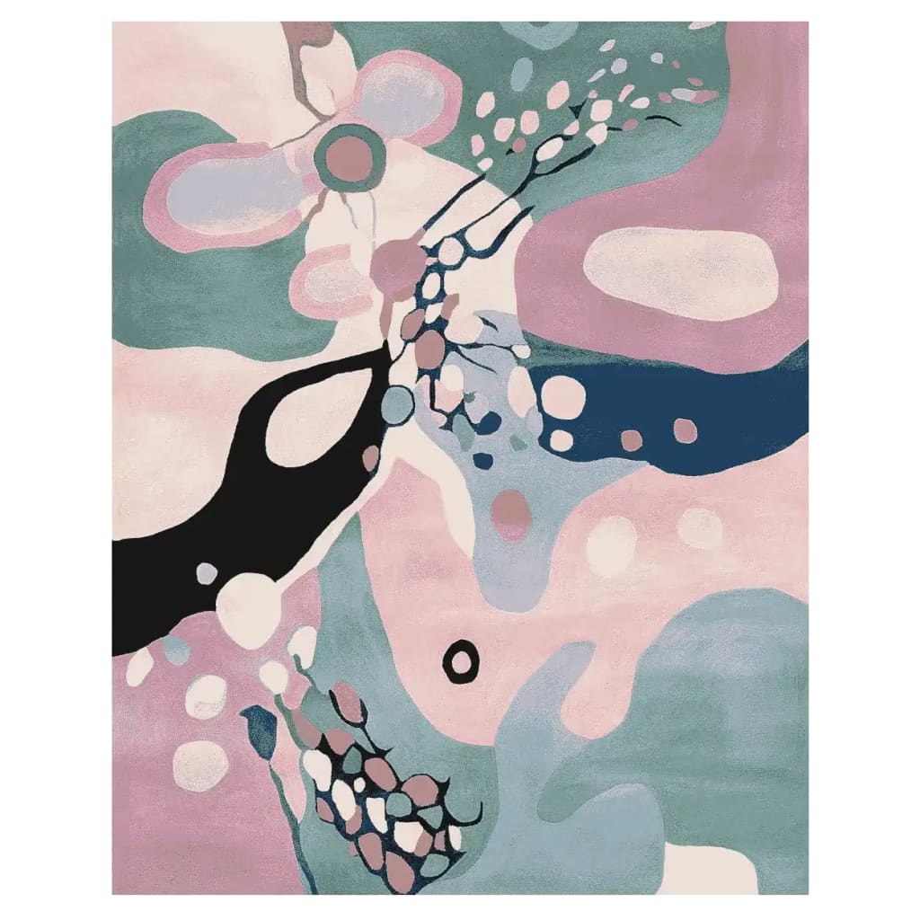 A beautifully designed Abstracted Space Fields hand-tufted area rug, ideal for enhancing contemporary living rooms. This 8x10 wool rug features a captivating mix of soft pastel colors including pinks, blues, and greens, creating an artistic and modern touch suitable for any living room area.