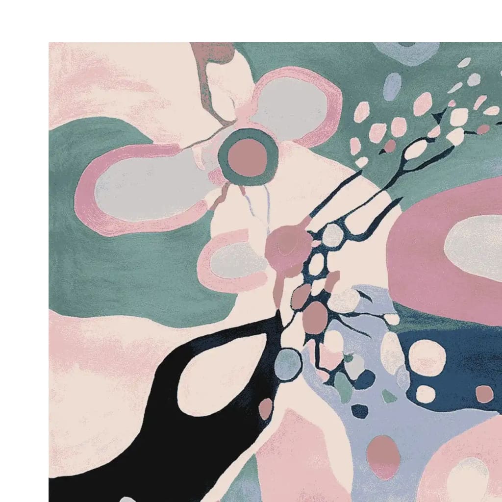 This image showcases the Abstracted Space Fields Hand Tufted Rug, a stunning area rug perfect for adding a contemporary touch to any living room. The design features an abstract pattern with soft hues of pink, teal, and cream, making it an ideal choice for living room area rugs. Crafted from high-quality wool, this 8x10 rug brings both style and comfort to your space.