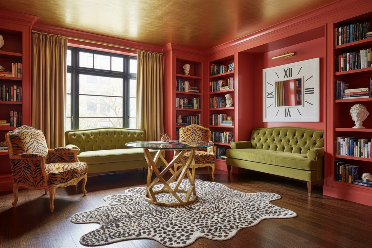 Living room with red walls, green sofa, cheetah print rug, bookshelves, and a round table.