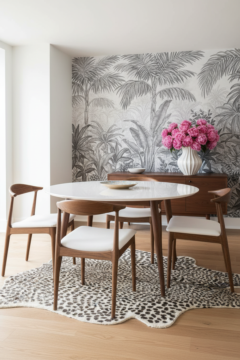 Dining room with a round table, chairs, cheetah print rug, and a floral arrangement against a tropical wallpaper.