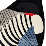 A stunning Aerodynamic Pulse Hand Tufted area rug, perfect for large living rooms. This contemporary wool rug features bold abstract patterns with black, white, grey, red, and blue accents, adding a modern touch to any living space.