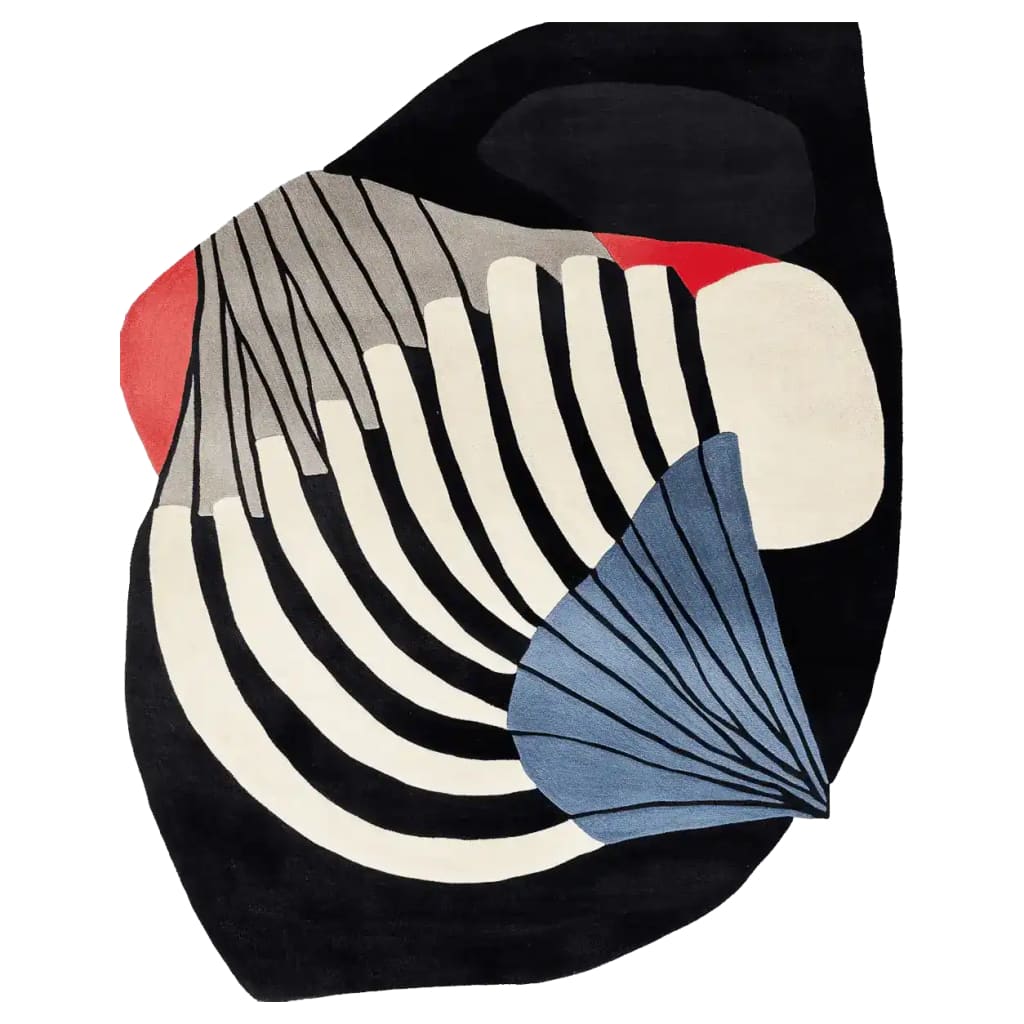 A stylish Aerodynamic Pulse Hand Tufted Area Rug featuring bold abstract patterns in black, white, red, and blue, perfect for large living rooms. This contemporary wool rug adds a touch of modern elegance to any space, ideal for those seeking unique rugs for living room decor.