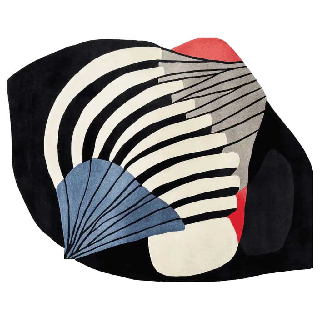 Top view of the Aerodynamic Pulse Hand Tufted Area Rug, showcasing its bold contemporary design with abstract patterns. Perfect for large living rooms, this wool rug features a striking mix of black, white, blue, and red colors, ideal for those seeking stylish rugs for living room decor.