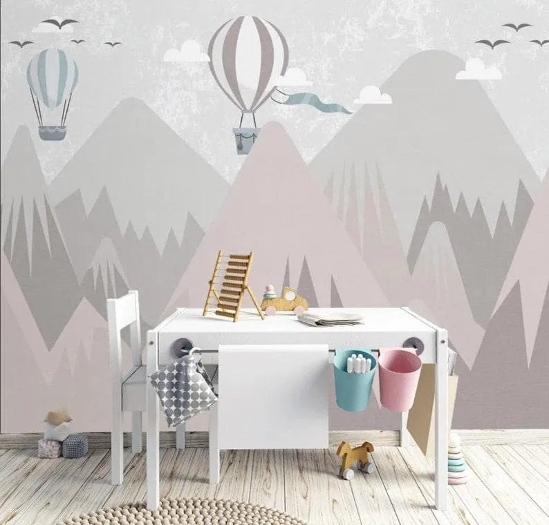 Air Balloon over the Mountain Hills Nursery Wallpaper