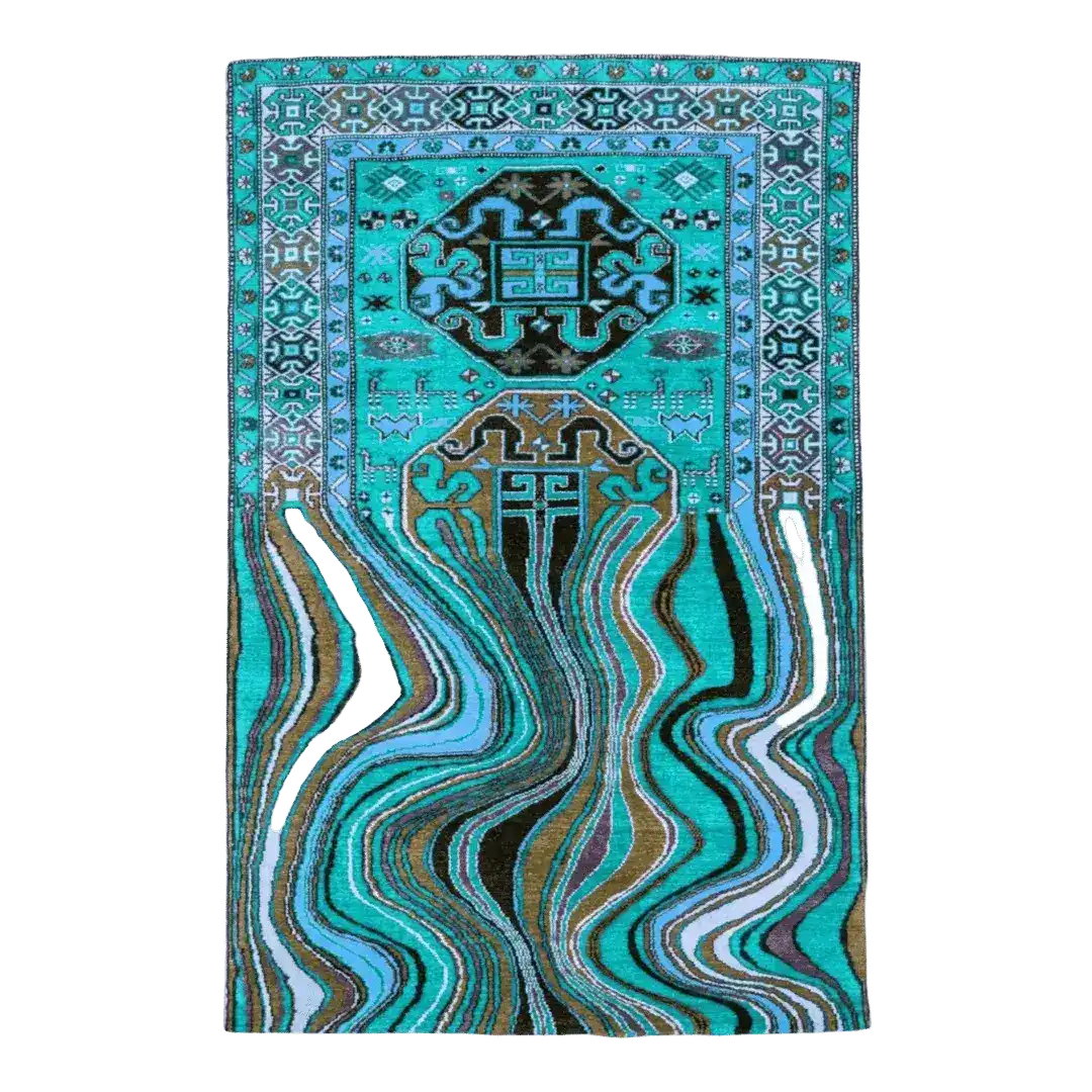 The Alaia Persian Turquoise Melting Area Rug features a stunning abstract design with vibrant turquoise hues. This large area rug is perfect for a living room or office, adding a touch of elegance with its wool construction and intricate patterns.