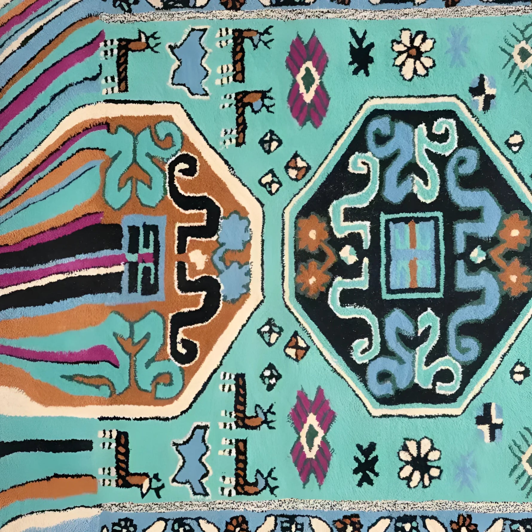 Top view of the Alaia Persian Turquoise Melting Area Rug showcasing intricate patterns and vibrant colors, perfect for large area rugs in living rooms or offices. This wool rug features an abstract design with rich teal, blue, and earthy tones.