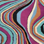 Vibrant Alaia Persian Turquoise Melting Area Rug with abstract wave patterns in purple, turquoise, black, and beige, perfect for large living rooms or office spaces. This wool rug adds a touch of elegance and color to any setting.