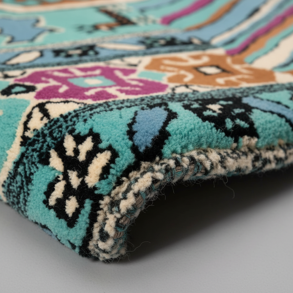 Close-up of a colorful patterned fabric with intricate designs on a light gray background