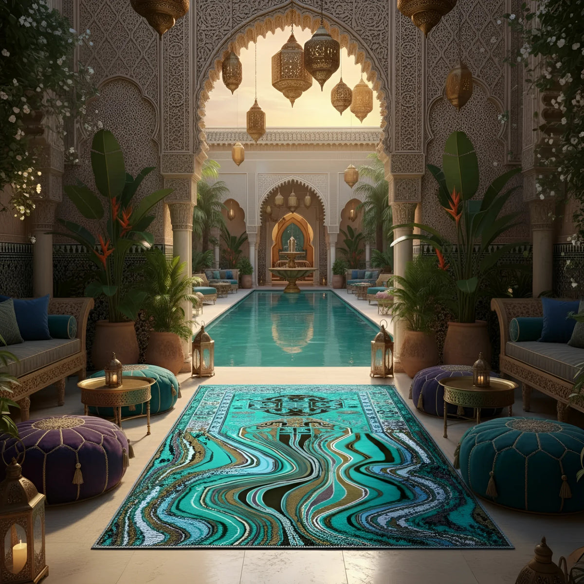Decorative rug with a geometric pattern in a luxurious indoor setting with a pool and ornate architecture.