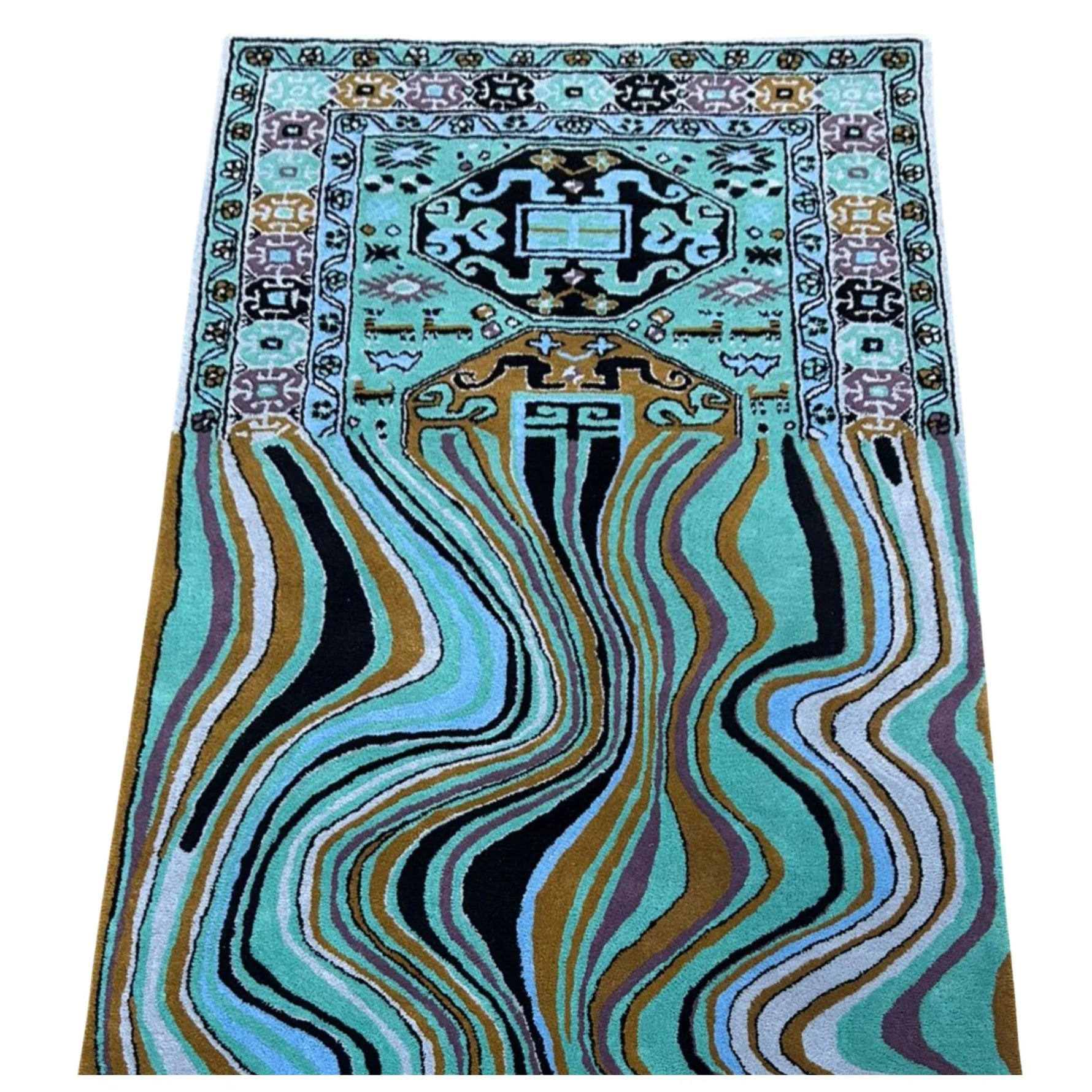 The Alaia Persian Turquoise Melting Area Rug features a stunning abstract design with vibrant turquoise hues. This large area rug is perfect for a living room or office, adding a touch of elegance with its wool construction and intricate patterns.
