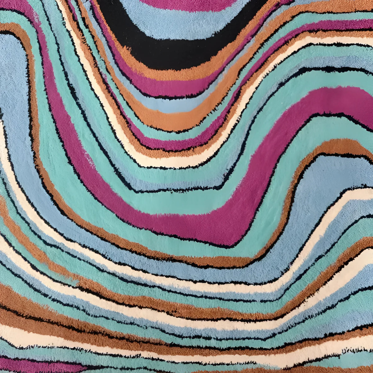 Vibrant Alaia Persian Turquoise Melting Area Rug with swirling abstract patterns in shades of turquoise, magenta, and earth tones, perfect for large area rugs for living room or office spaces. This wool rug adds a touch of modern art to any room.