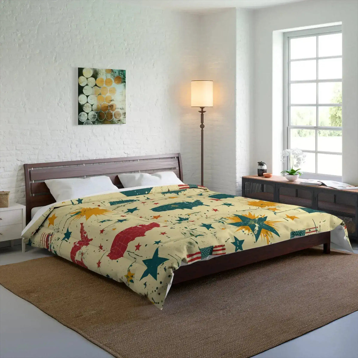 American dreamscape comforter on a bed with vintage stars, stripes and flag motifs in red and teal on cream